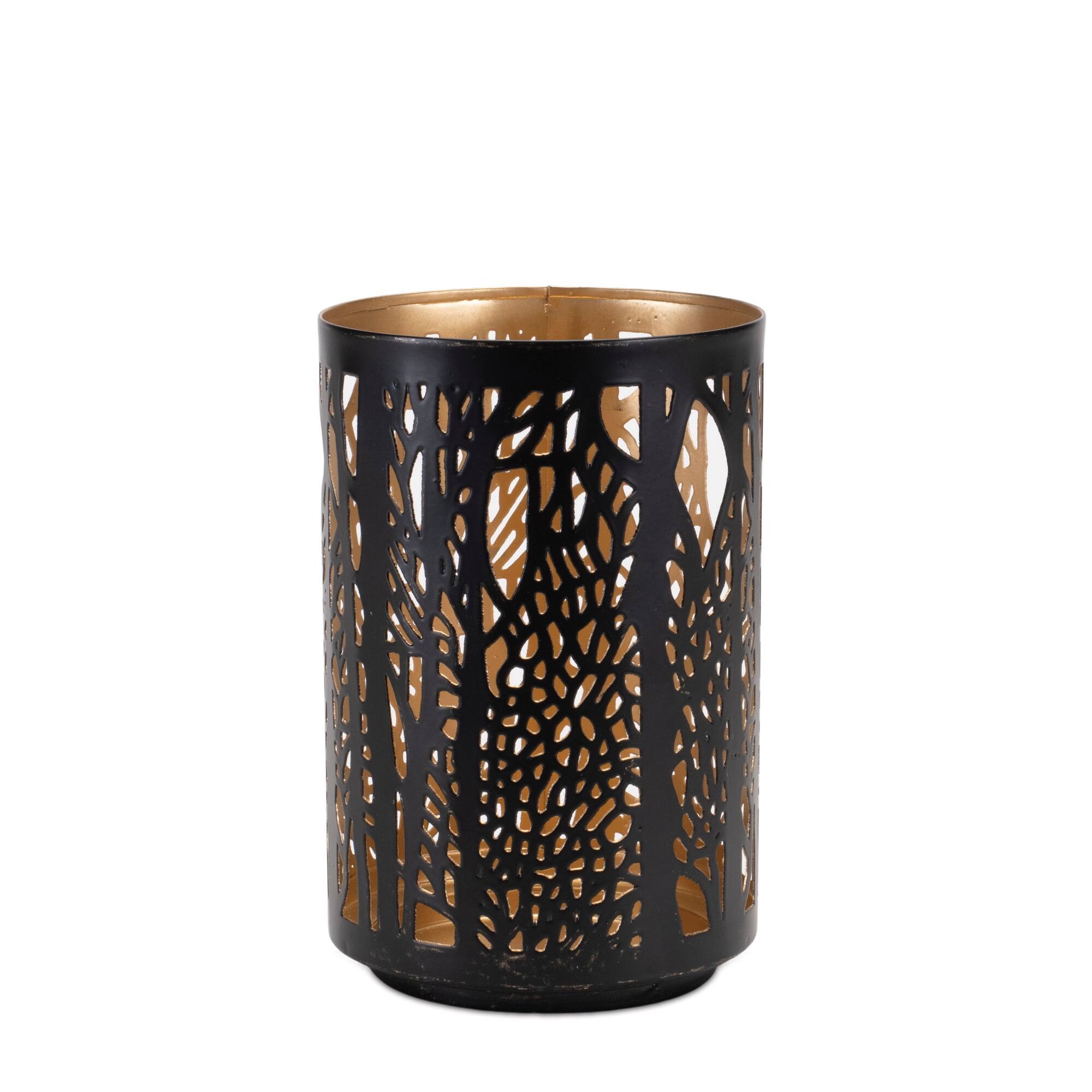 Black & Gold Forest Trees Punched Metal Candle Holder Set